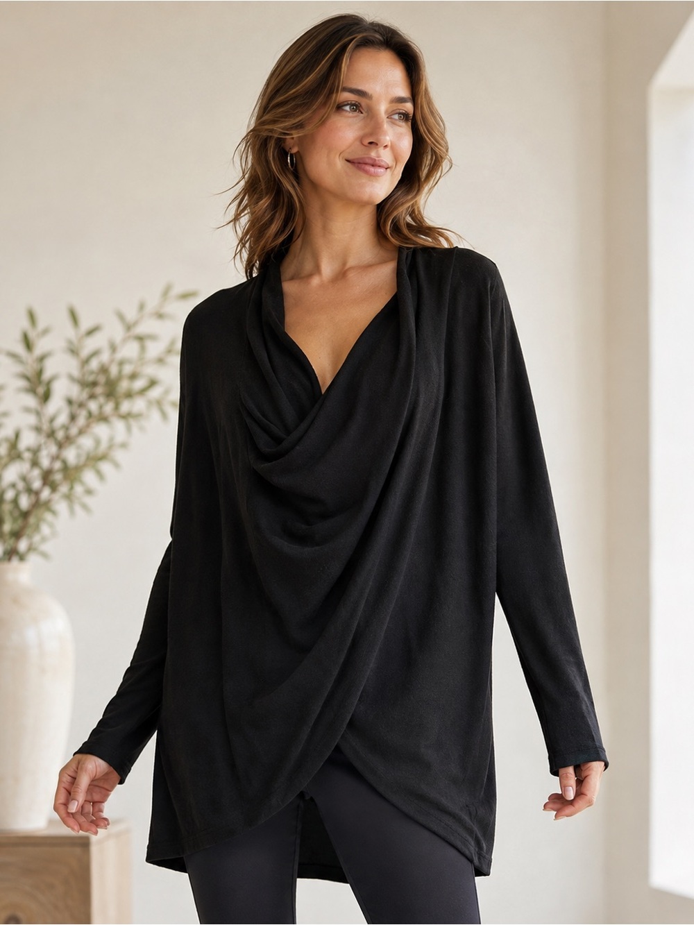 All Saints Black Draped Cowl-Neck Tunic